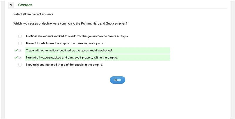 PLZ HELP EASY QUESTION ASAP!!! Which TWO causes of decline were common to the Roman-example-1