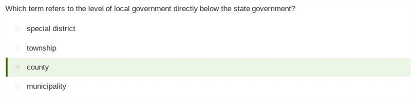 Which term refers to the level of local government directly below the state government-example-1