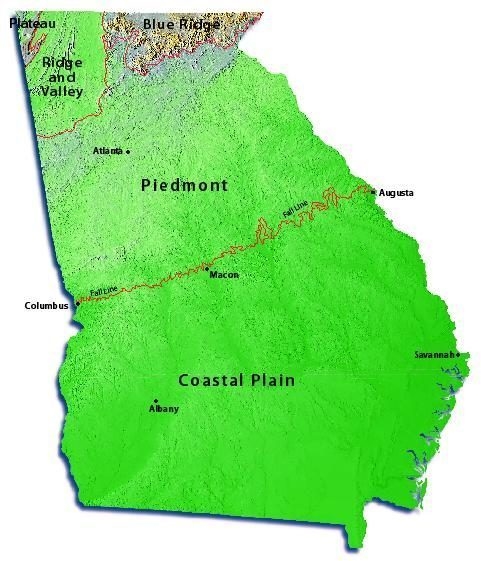 The Fall Line of Georgia is the dividing line between which two regions? Blue Ridge-example-1