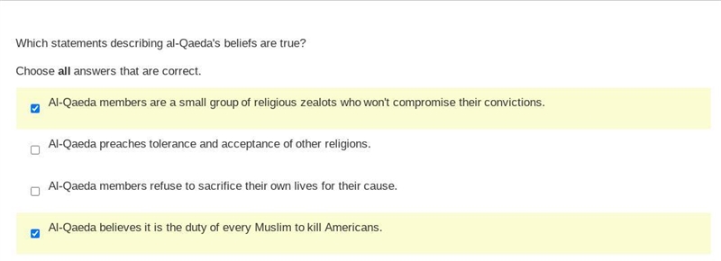 Which statements describing al-Qaeda's beliefs are true? Choose all answers that are-example-1