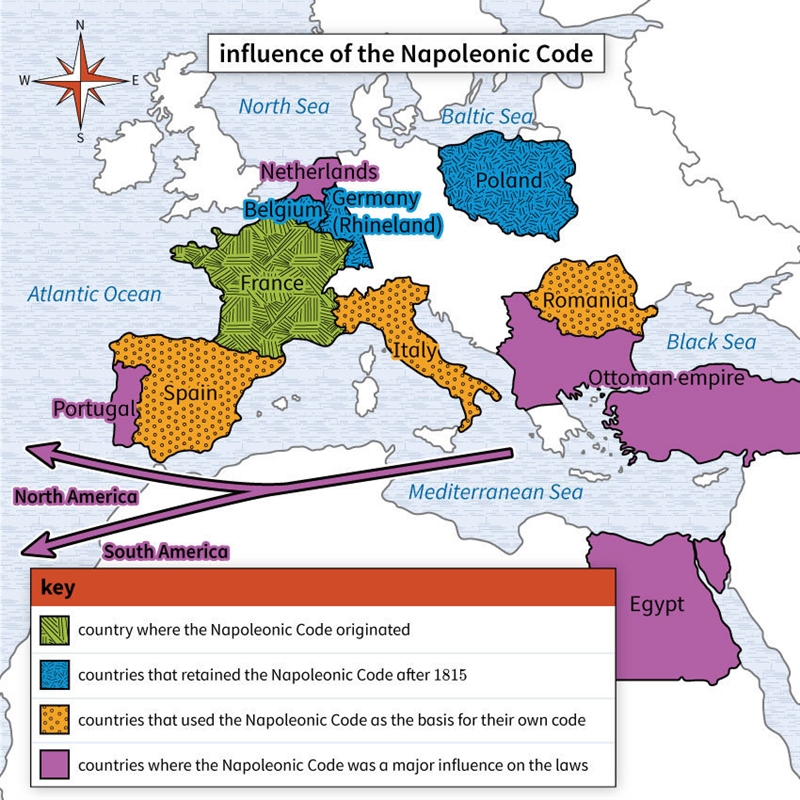 Which of the following can you infer about the Napoleonic Code from the map? It was-example-1