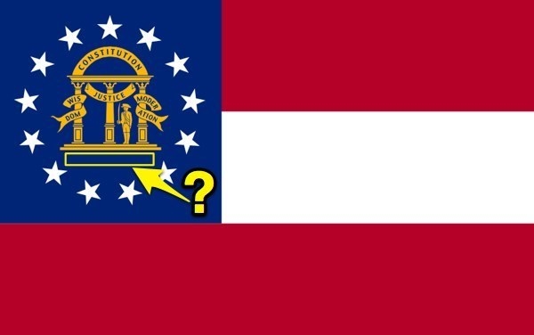 What phrase is missing from this image of the Georgia flag? A.“In God We Trust” B-example-1