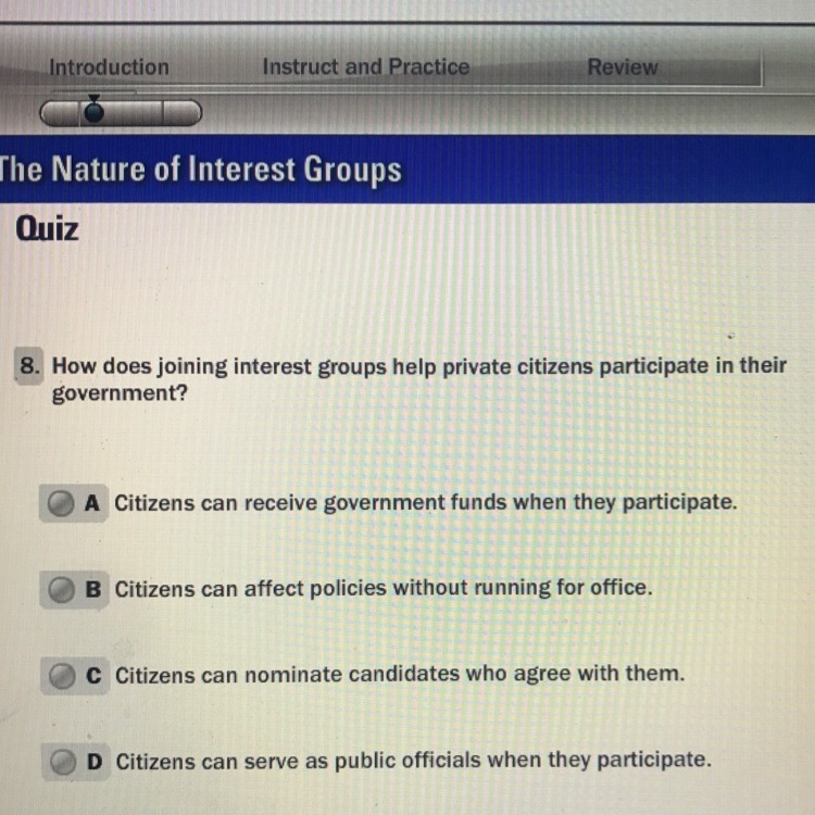 How does joining interest groups help private citizens participate in their government-example-1