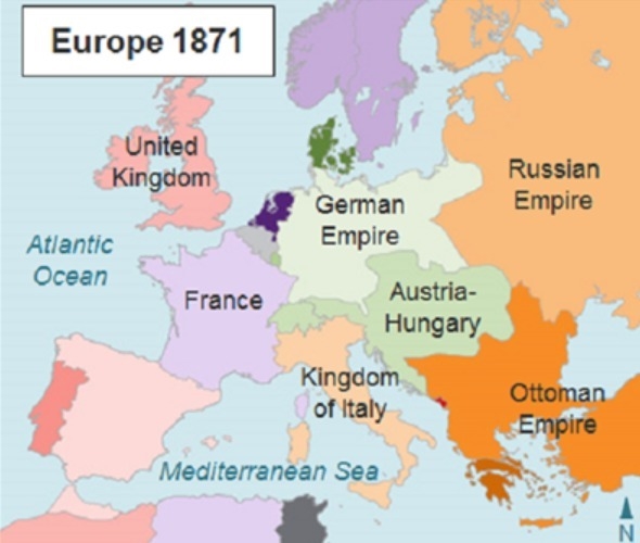 The map shows Europe in 1871. According to the map, what was Italy’s status in 1871?-example-1