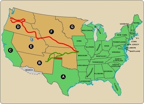 What does the red line identify? the Colorado River the Oregon Trail the Platte River-example-1