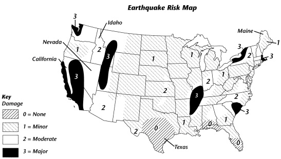 According to the map, which part of the United States is least likely to suffer earthquake-example-1