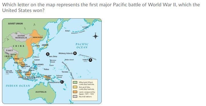 Which letter on the map represents the first major Pacific battle of World War II-example-1