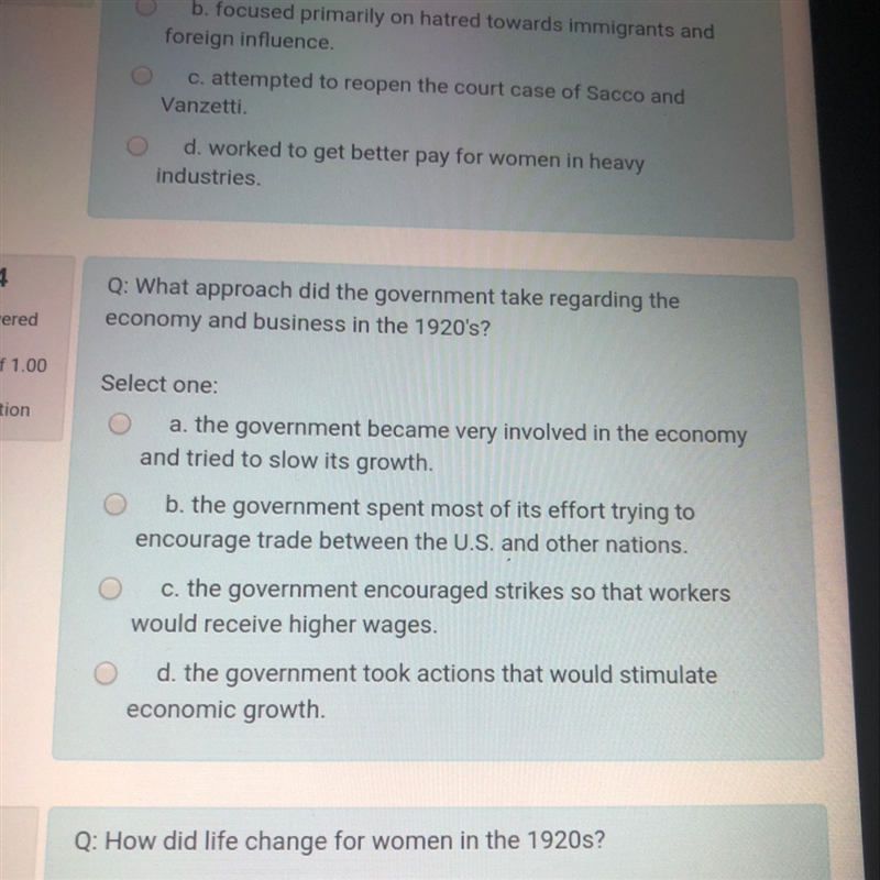 What approach did the government take regarding the economy and business in the 1920's-example-1