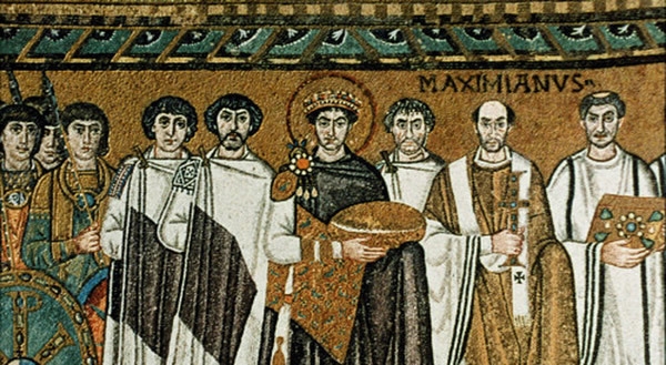 This mosaic shows a Byzantine emperor and his attendants. Examine the image and use-example-1