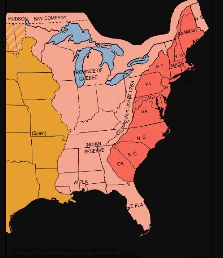 According to the map above, what established the western boundary for English colonies-example-1