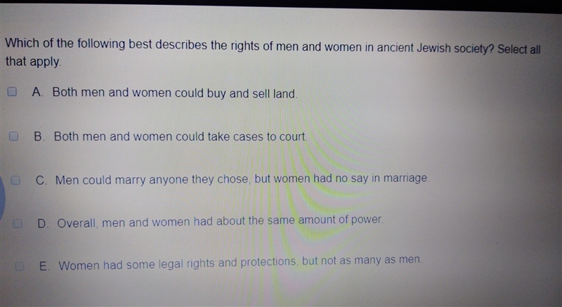 which of the following best describesbthe rights of men and women in the ancient Jewish-example-1