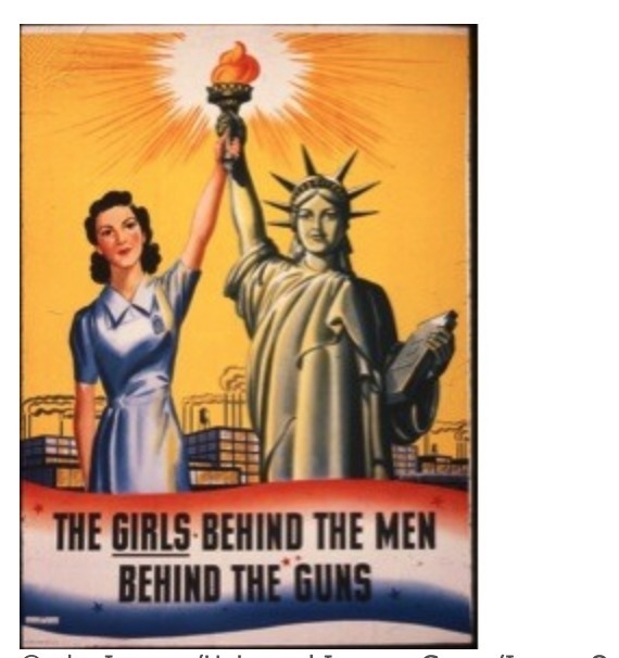 How does this poster represent the experiences of women during World War II? It shows-example-1