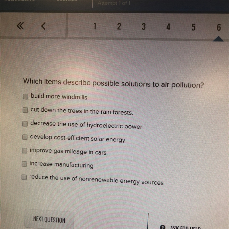 Wich item describes possible solutions to air pollution-example-1