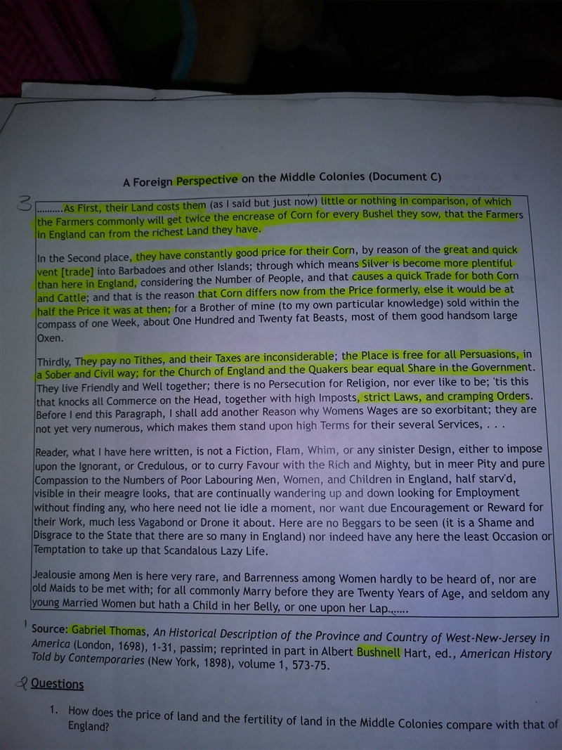 How does the price of land and the fertility of land in the Middle Colonies compare-example-1