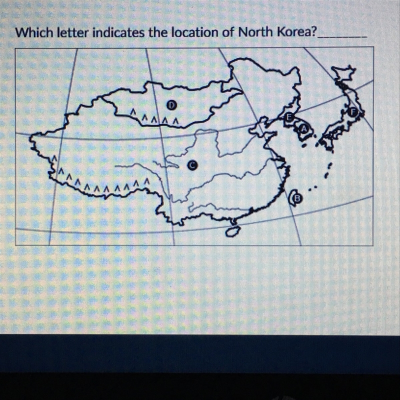 Which letter indicates the location of North Korea?-example-1