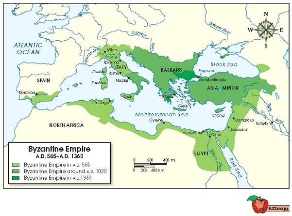 The map below shows the extent of the Byzantine Empire at three different times in-example-1