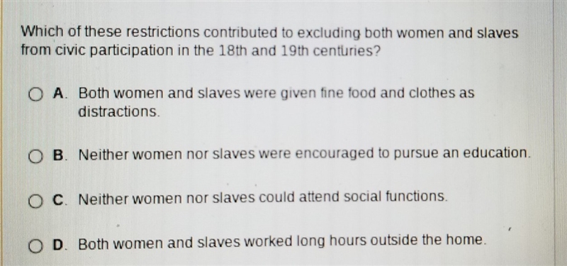 which of these restrictions contributed to excluding both women and slaves from the-example-1