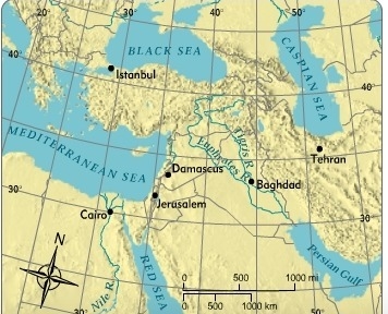 Which is the closest approximate location for the city of Cairo? A . 40°N, 35° E B-example-1