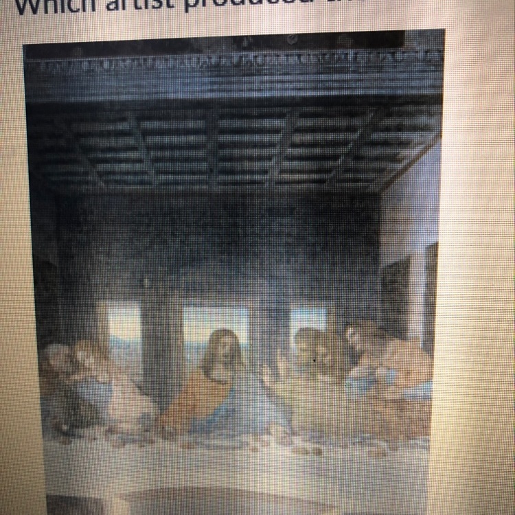 Which artist produced the work shown here? A. Donatello B. Leonardo Da Vinci C. Raphael-example-1