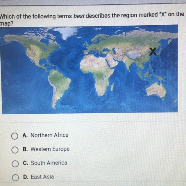 Which of the following terms describes the region marked “x” on the map? A) Northern-example-1