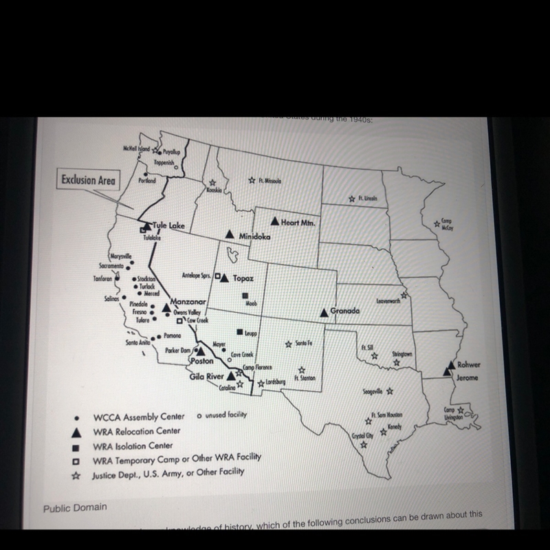 The map below shows relocation centers in the United States during the 1940s: Based-example-1