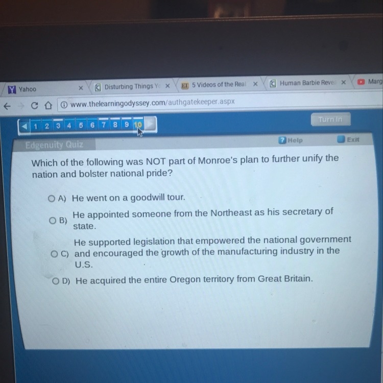 Which of the following was not part of Monroe’s plan to further unify the nation and-example-1