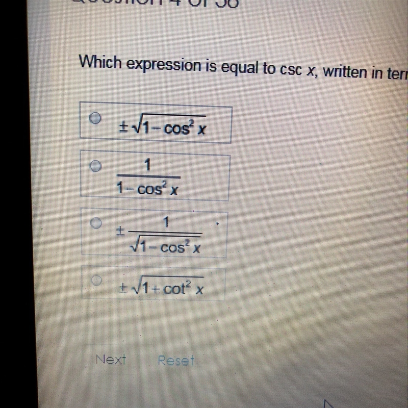 Which expression is equal to csc x, written in termsof cos x ?-example-1