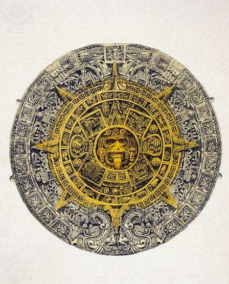 The picture shows an Aztec calendar, which is circular. The whole surface is covered-example-1