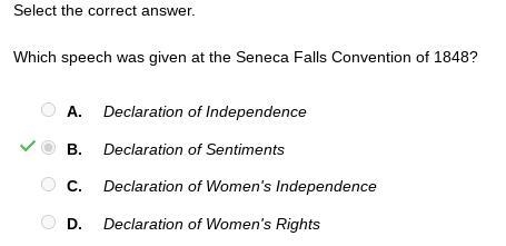 Which speech was given at the Seneca Falls Convention of 1848? A. declaration of independence-example-1