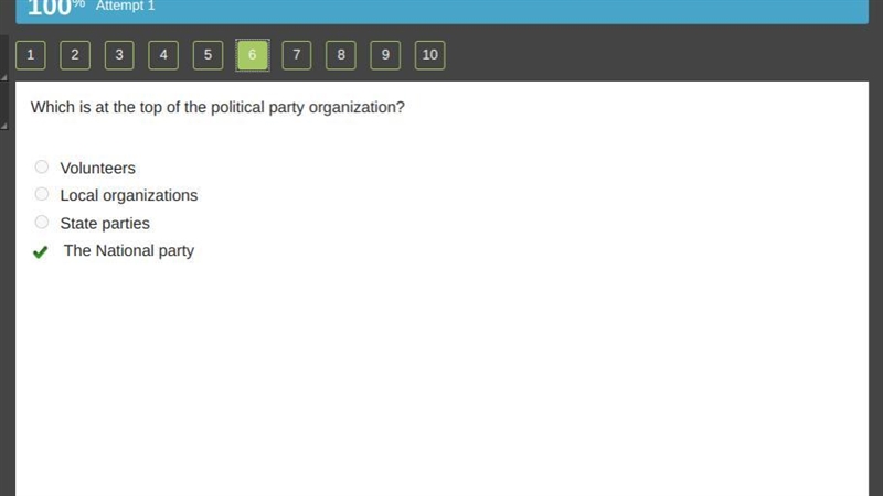 Which is at the top of the political party organization? A. Volunteers B. Local organizations-example-1