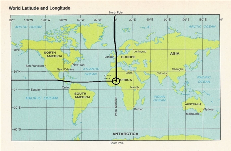 On what continent would u find the place with a latitude of 20 degrees north and a-example-1