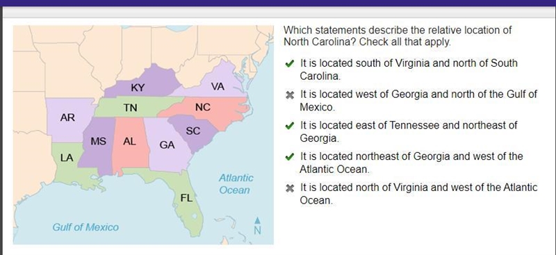 Which statements describe the relative location of North Carolina? Check all that-example-1