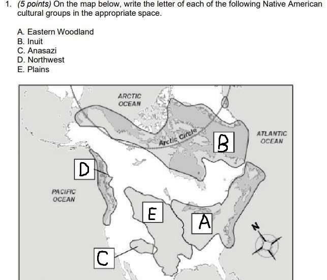 On the map below, write the letter of each of the following Native American cultural-example-1