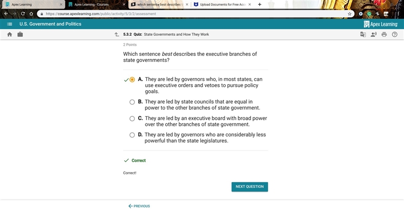 Which sentence best describes the executive branches of state governments?-example-1