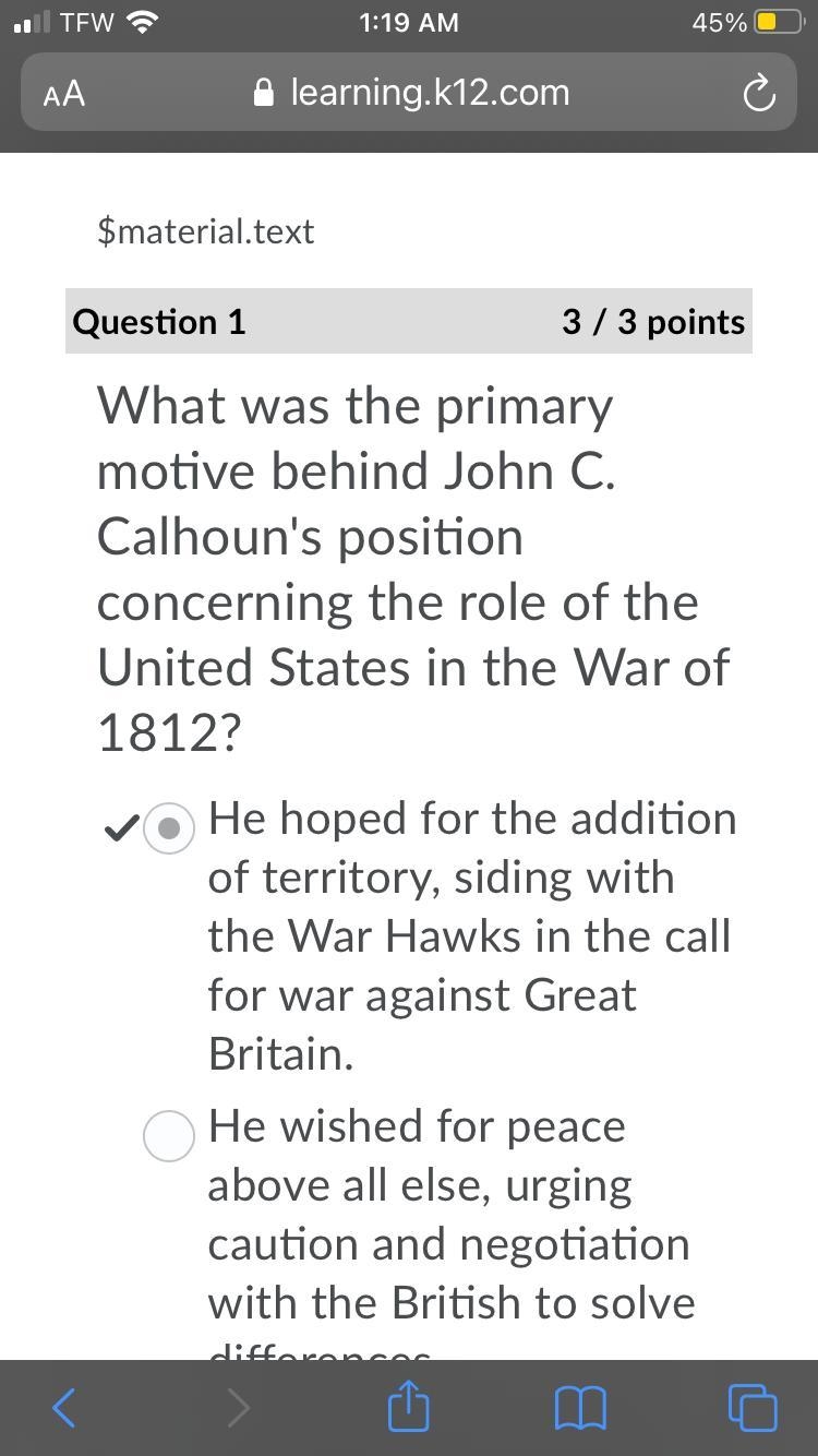 what was the primary motive behind John C. Calhoun's position concerning the role-example-1