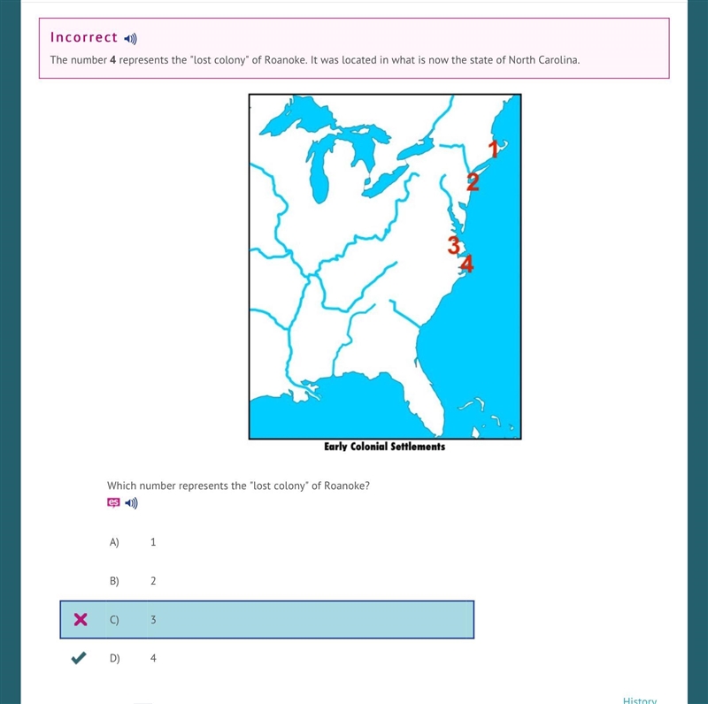 Which number represents the lost colony of Roanoke A) 1 B) 2 C) 3 D) 4-example-1