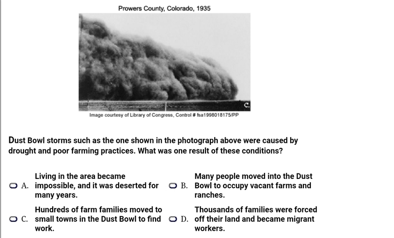 Dust Bowl storms such as the one shown in the photograph above were caused by drought-example-1