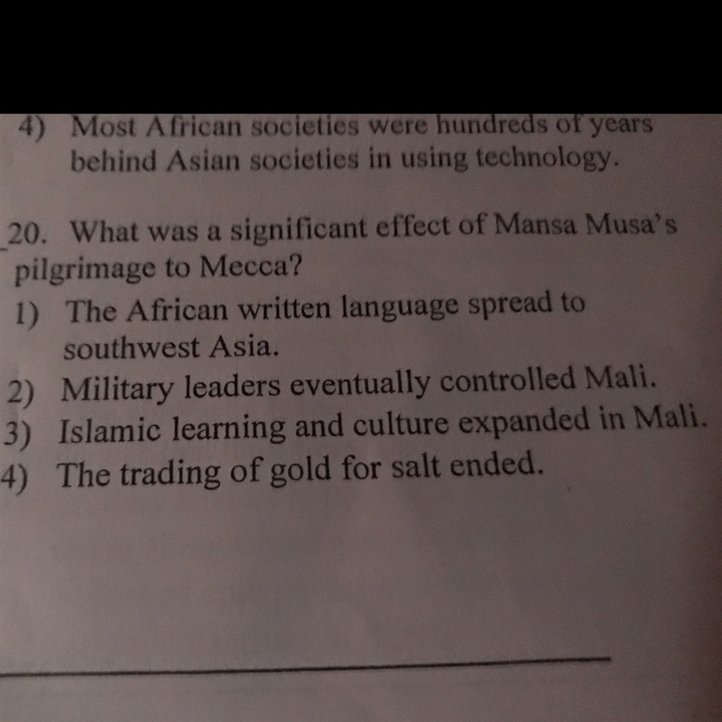 20. What was a significant effect of Mansa Musa's pilgrimage to Mecca?-example-1