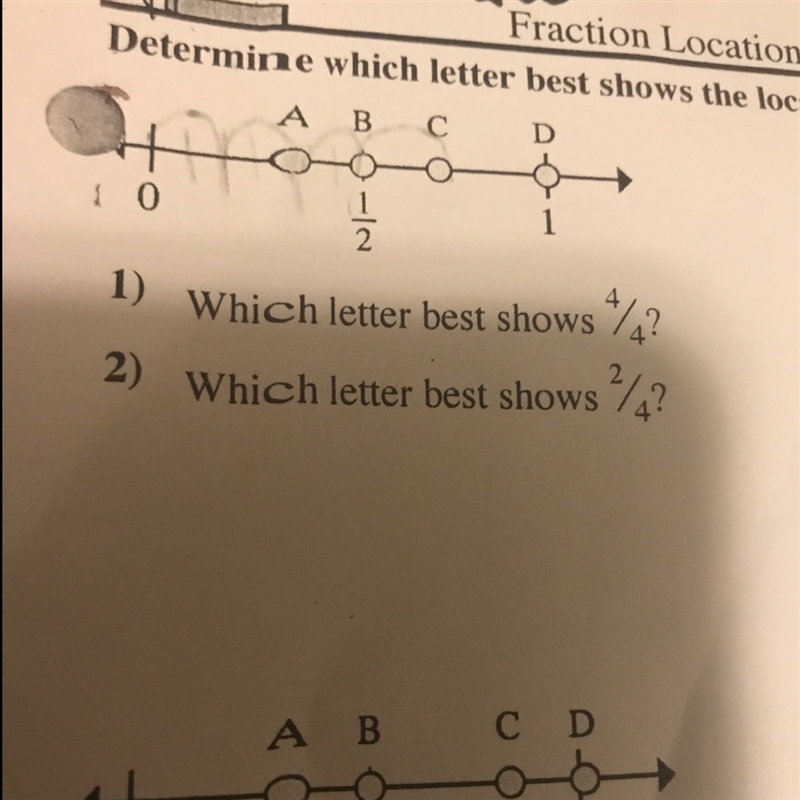 Which letter best shows the location of the fraction-example-1