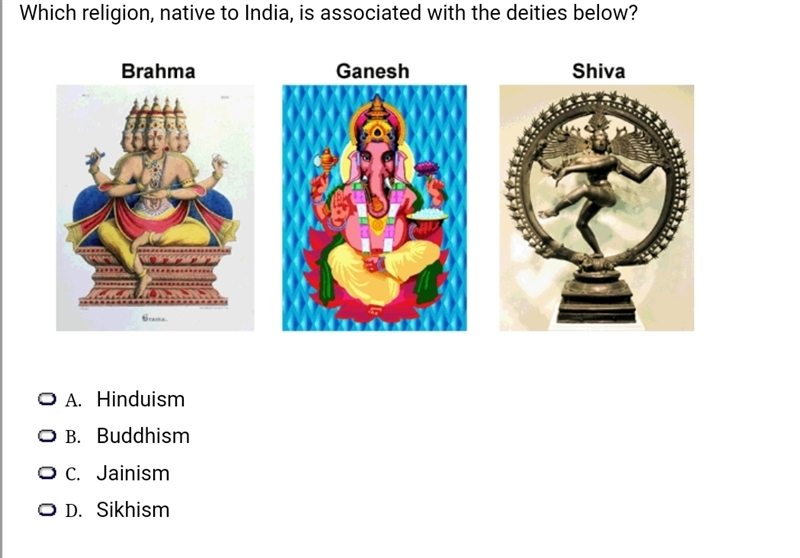 Which religion, native to India, is associated with the deities below? Brahma , Ganesh-example-1