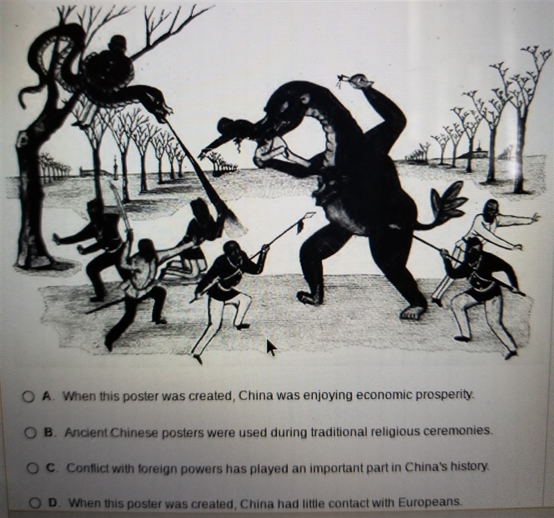 This poster shows a dragon, symbolizing China, fighting against a group of European-example-1