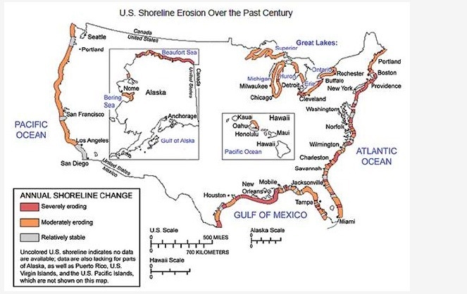 According to the map, what part of the United States has the longest stretch of beach-example-1