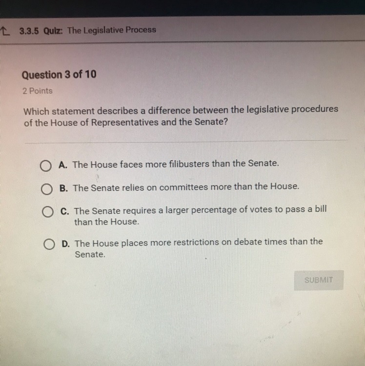 Which statement describes a difference between the legislative procedures of the House-example-1