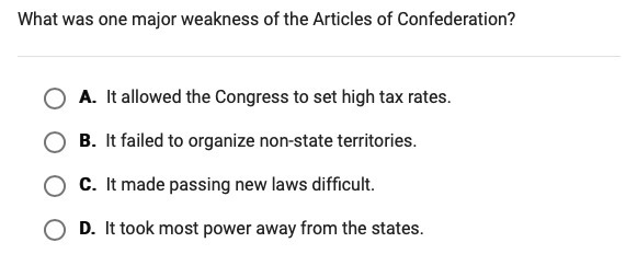 What was one major weakness with the articles of confederation?-example-1