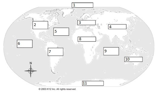 Label the seven continents and four oceans in the boxes provided on the map, or write-example-1