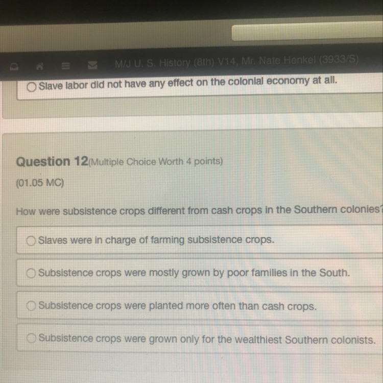 How were substances crops different from cash crops in the southern colonies? Answer-example-1