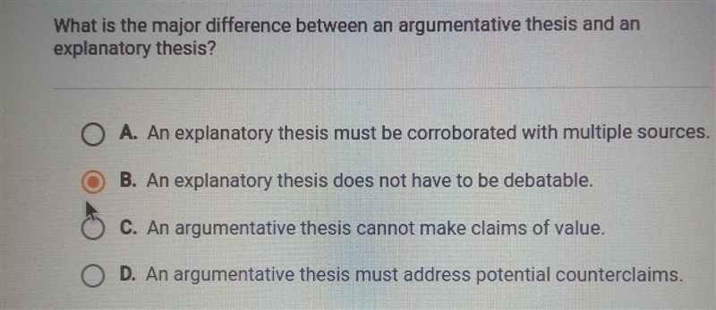 Answer please! what is the major difference between an argumentative essay and a explanatory-example-1