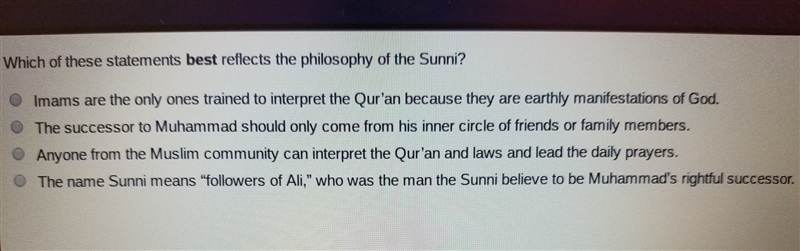 Which of these statements best reflect the philosophy of the sunni-example-1