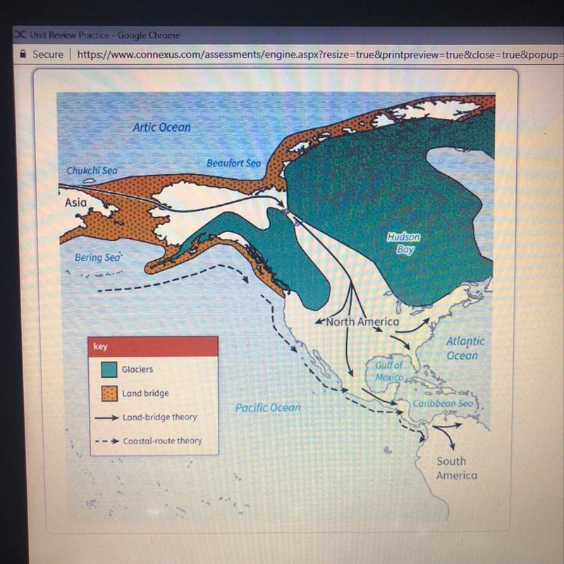 How did people first arrive in north america according to the map-example-1