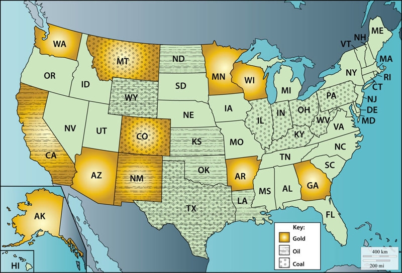 PLEASE HELP ASAP This map highlights the different states that are rich in gold, oil-example-1